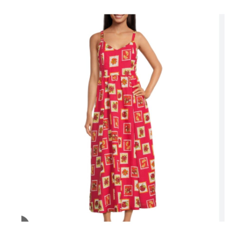 Skies Are Blue Medium Red Print Smocked Midi Dress Linen Blend